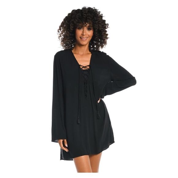 La Blanca Beachcomber Basics Lace Up V-Neck Tunic Swim Coverup in Black - Picture 1 of 12